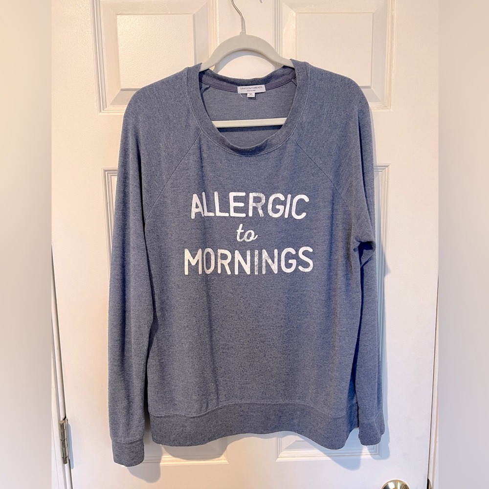 Grayson Treads “Allergic to Mornings” blue sweatshirt, size XL.